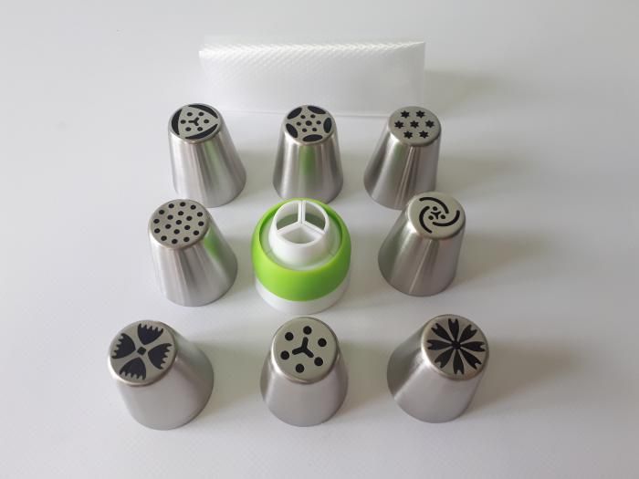 Набір кондитерських насадок для крему та прикрашання тортів нержавійка 8 шт малазійські Тюльпани з перехідником