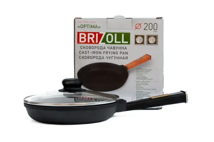 Сковорода чугунная Brizoll Optima Black со стеклянной крышкой и с деревянной ручкой 240 х 40 мм