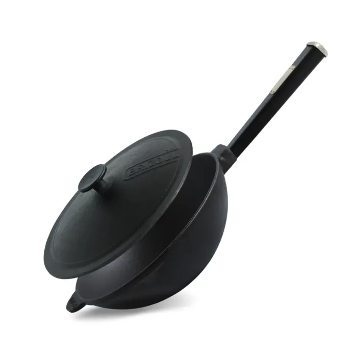 Сковорода чугунная WOK  с деревянной ручкой Black и чугунной крышкой BRIZOLL 2,8 л 260х80 мм