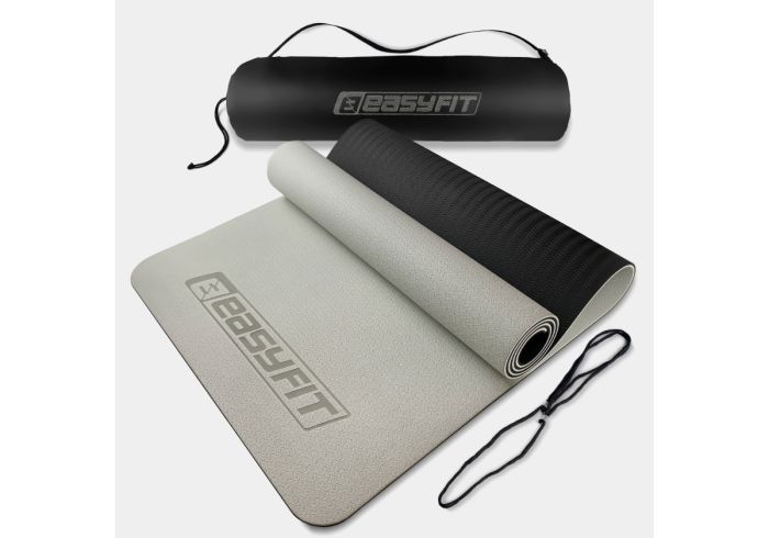 Килимок для йоги та фітнеса EasyFit TPE+TC 6мм двошаровий + Чохол сірий з чорним