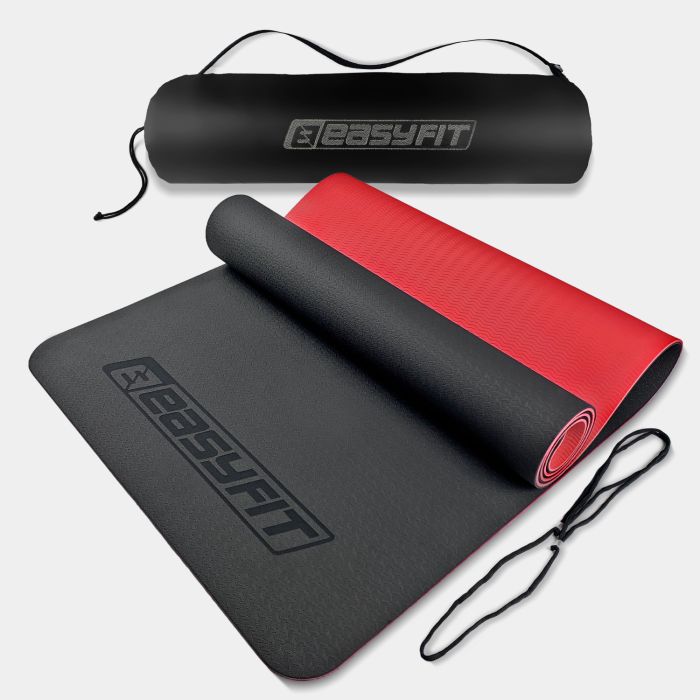 Килимок для йоги та фітнеса EasyFit TPE+TC 6мм двошаровий + Чохол червоний з чорним