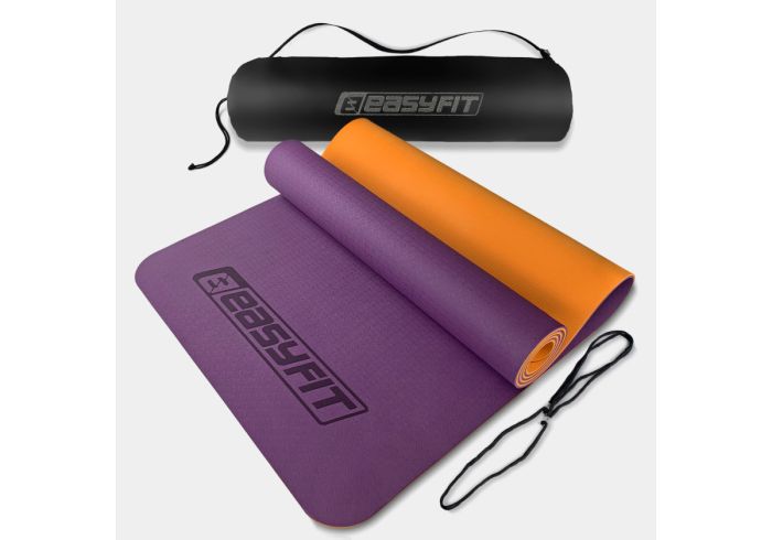 Килимок для йоги та фітнеса EasyFit TPE+TC 6мм двошаровий + Чохол фіолетовий з помаранчевим