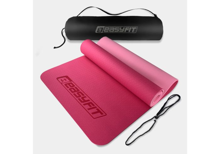 Килимок для йоги та фітнеса EasyFit TPE+TC 6мм двошаровий + Чохол рожевий з св.рожевим