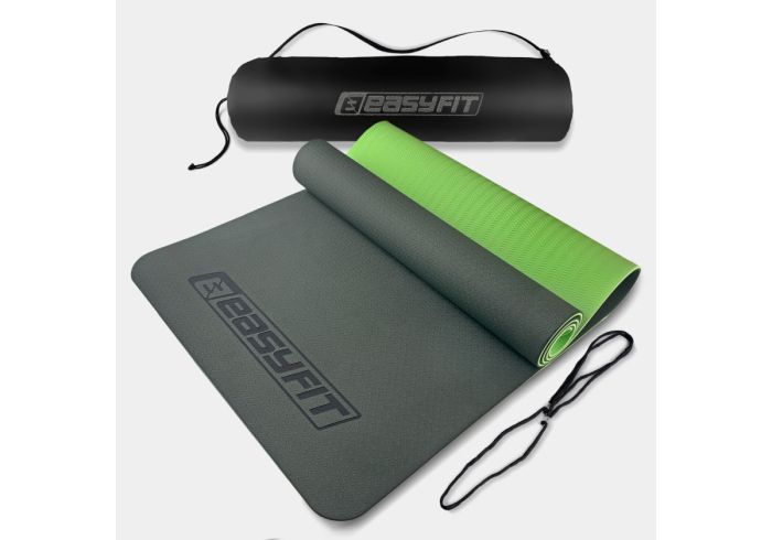 Килимок для йоги та фітнеса EasyFit TPE+TC 6мм двошаровий + Чохол зелений з чорним