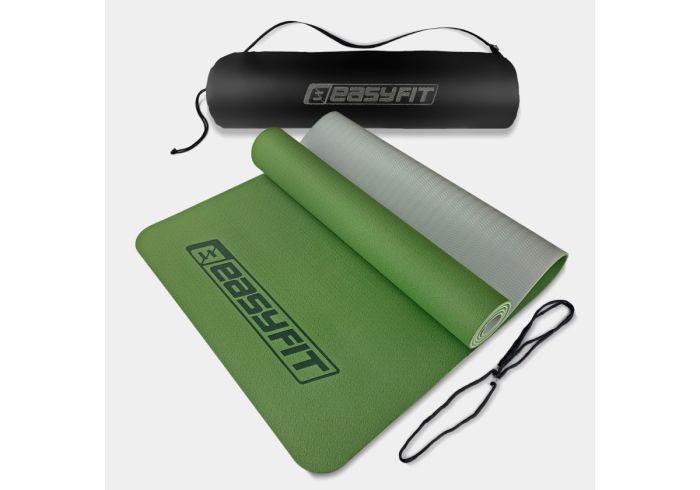 Килимок для йоги та фітнеса EasyFit TPE+TC 6мм двошаровий + Чохол зелений з сірим кольором