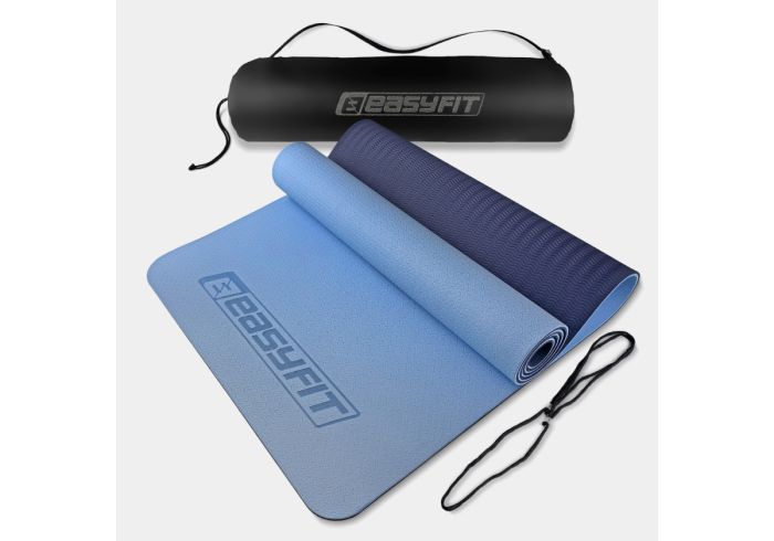 Килимок для йоги та фітнеса EasyFit TPE+TC 6мм двошаровий + Чохол синій з блакитним