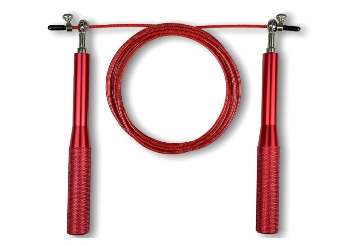 Швидкісна скакалка EasyFit Aluminium зі сталевим тросом та алюмінієвими ручками червона